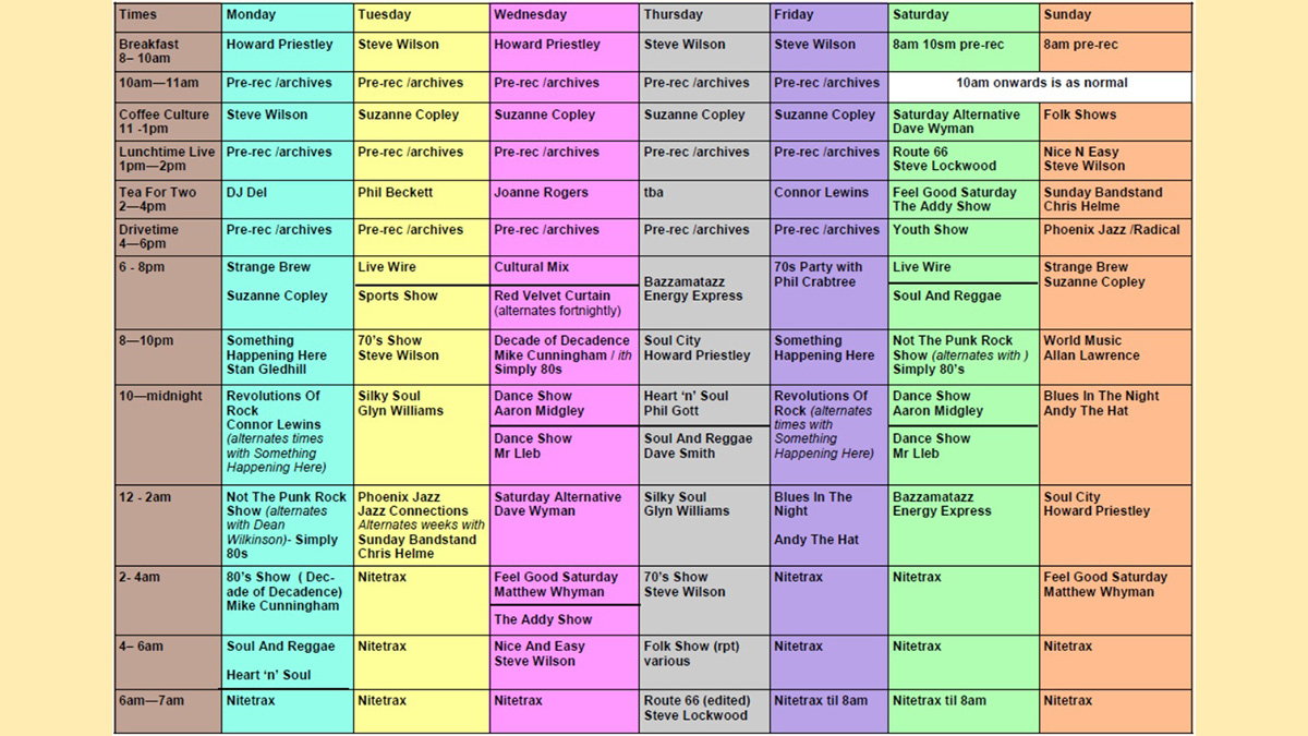 Temporary revised Phoenix Radio schedule